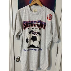 Vintage Joe Blow Ts Shoot Out Cafe Soccer Menu Graphic T-Shirt Gray XL USA Made